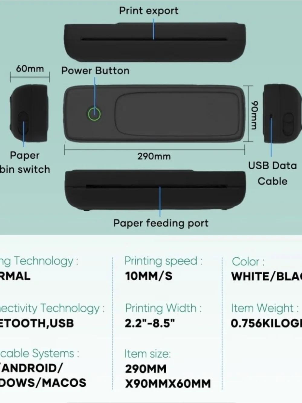 A80 Portable Thermal Printer,inkless Mini Printer Support for 8.5